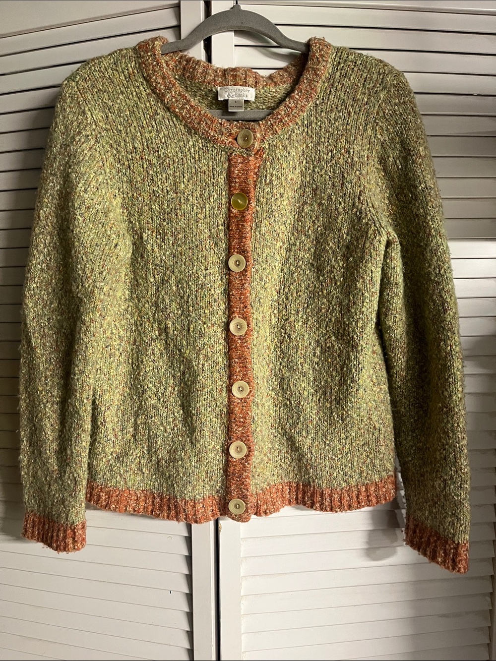 Christopher & Banks Green Tweed Cardigan with Rust Trim